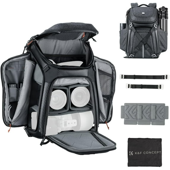 K&F Concept Camera Backpack, DSLR/SLR Photography Waterproof Camera Bag with 15.6 inch Laptop Compartment Tripod Holder Raincover