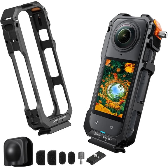 K&F CONCEPT Camera Cage Compatible with Insta360 X5, Durable Aluminum Alloy Protective Case with Quick Release Knob, Silicone Lens Cover Action Camera Frame