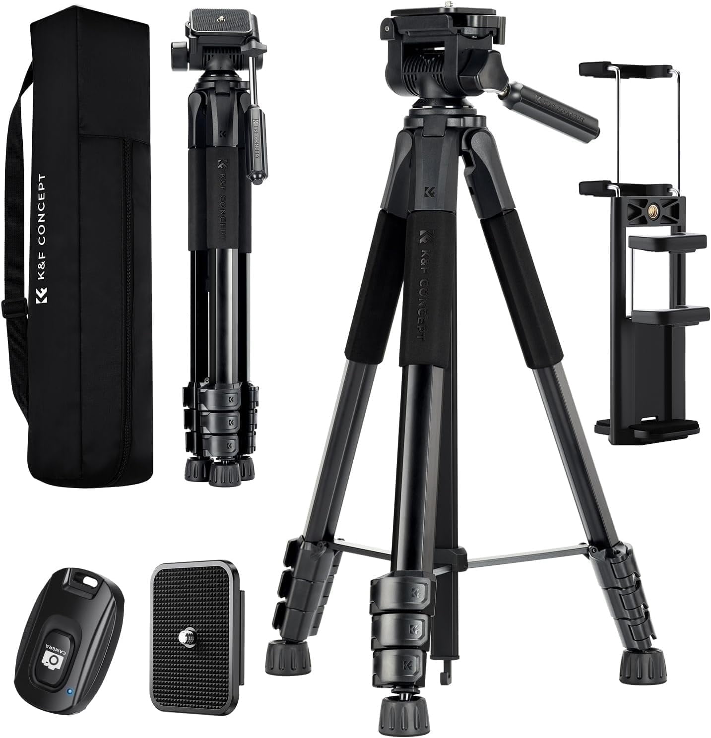 K&F CONCEPT 68" Lightweight Portable Travel Outdoor DSLR Tripods for Camera Phone Video Recording Tripod Stand, Cellphone Clip for Live Streaming Vlog