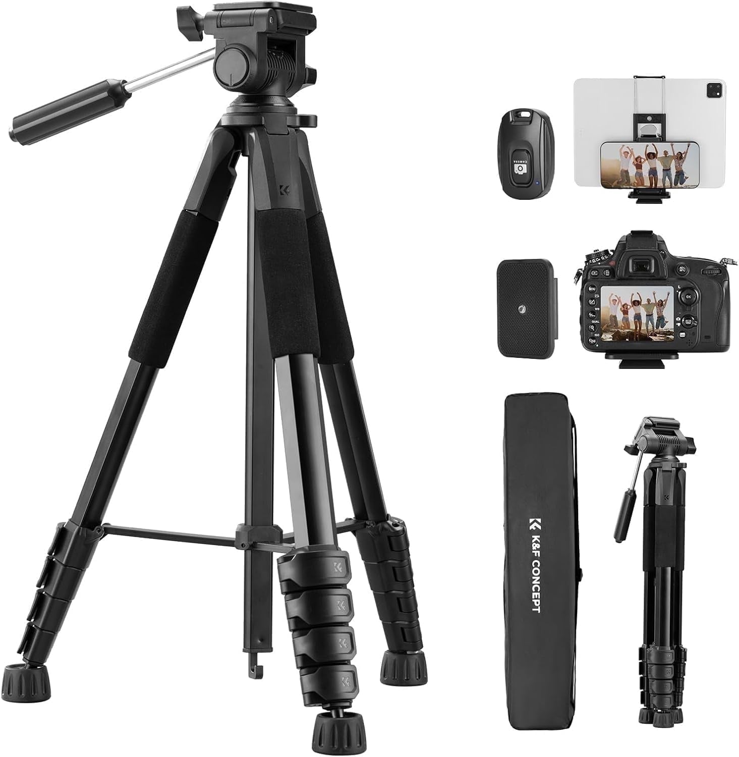 K&F CONCEPT 75" Lightweight Camera Tripod, Portable Travel Outdoor DSLR Tripods with Remote and Phone Holder, Cellphone Clip for Smartphone Live Streaming Vlog, Black