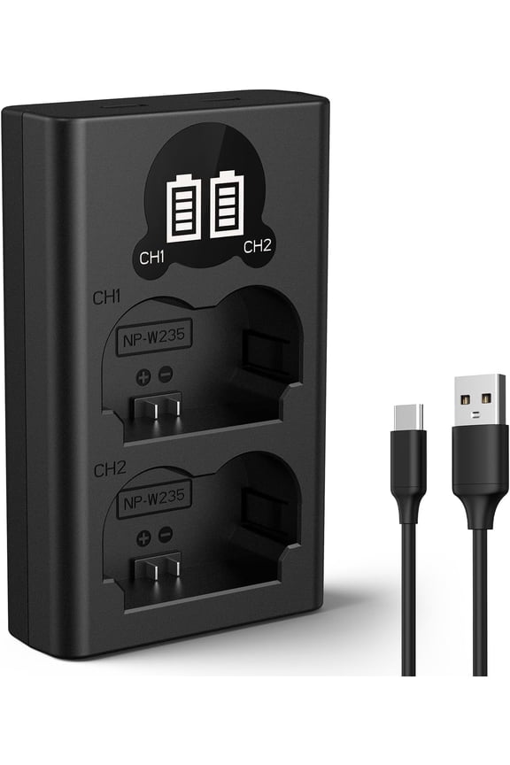 NP-W235 Camera Battery Charger with Dual-Slot and LCD Screen, Micro USB and Type-C Charger for Fujifilm