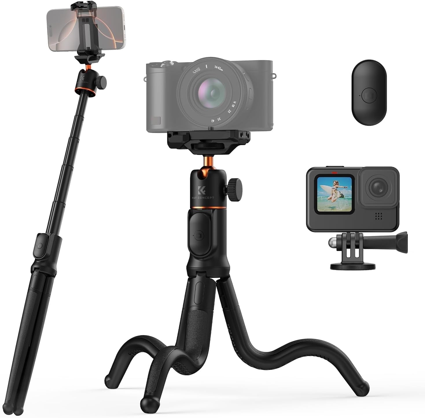 K&F Concept Phone Tripod, Extendable Flexible Tripod with Remote 24in Small Tripod, Mini Tripod, Max Load 4.4lb for Phone 16 15 14 Pro Max XS Max X 8 Samsung CO NIK SNE