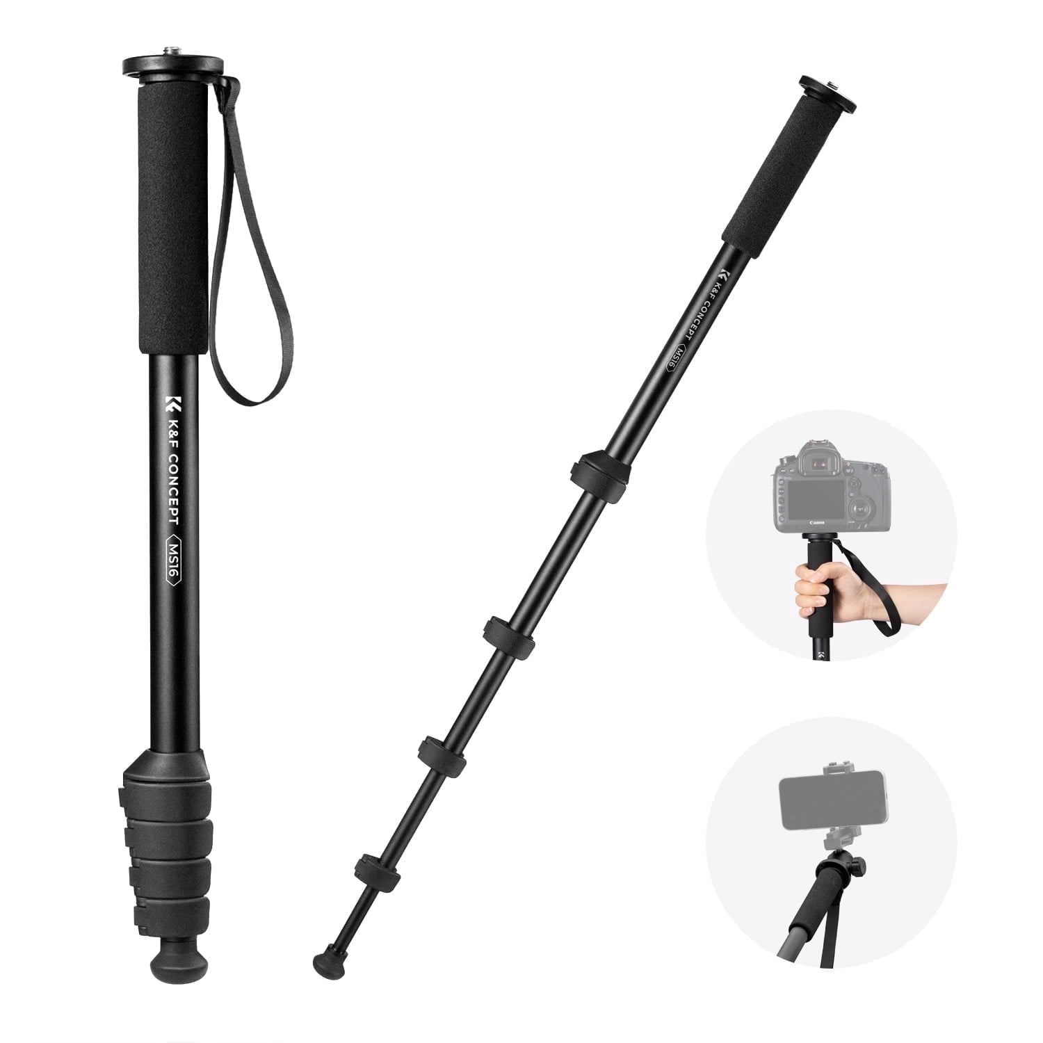 K&F CONCEPT Portable Aluminum 63” Camera Tripod Monopod for Cellphones Video Recording, 22lb/10Kg Load Compact Travel Tripod with 1/4" and 3/8" Dual Screw for DSLR Cameras