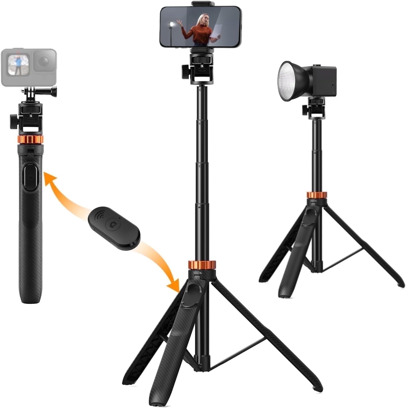K&F CONCEPT 69'' Compact Selfie Stick Tripod with Phone Holder, Detachable Remote Control, Action Camera Adapter, Compatible for Phone/GoPro/Camera