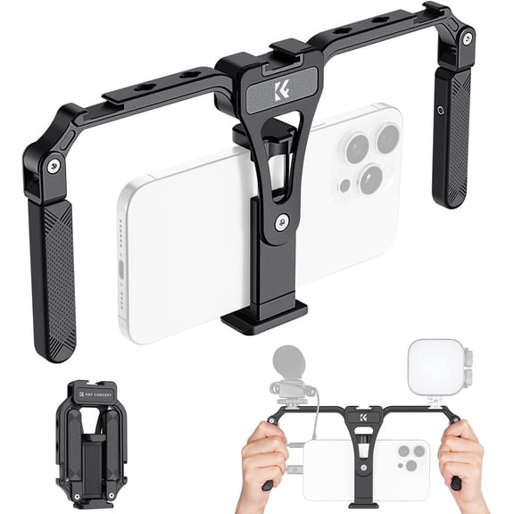 K&F CONCEPT Smartphone Video Rig with Dual Handles, Foldable Aluminum Video Stabilizer Phone Video Rig Compatible for Fill Light, MicrophoneCellphone,1/4-inch Screw Ports