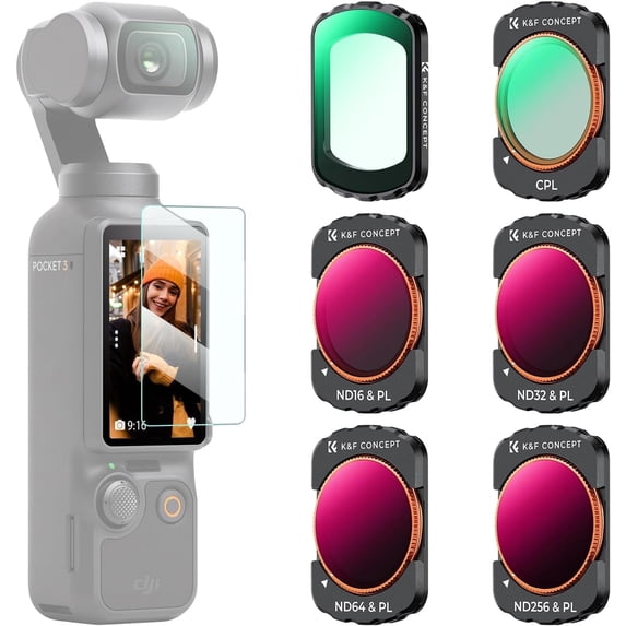 K&F CONCEPT UV/CPL/ND Filter Set Compatible with DJI Osmo Pocket 3, 6 Pack Magnetic UV+CPL+ND16/PL+ND32/PL+ND64/PL+ND256/PL Protection Polarizer Neutral Density Filters, Multi Coated HD Optical Glass