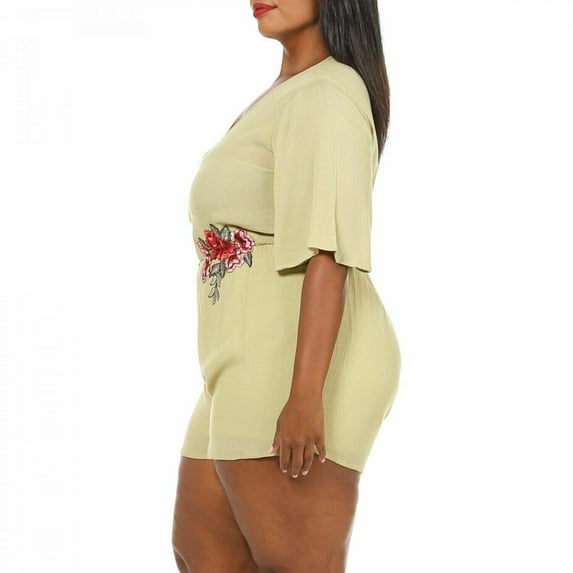 K Glam Romper Women's Plus Size 1X Floral Embroidery Flutter Sleeve with