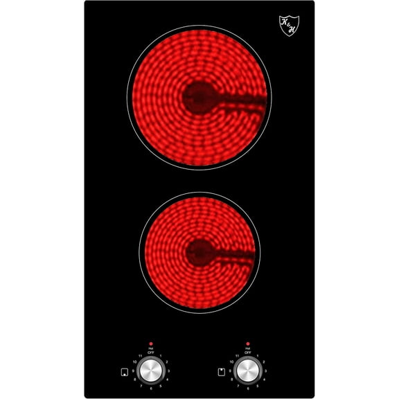 K&H German Designed 2 Burner Dual 12 Inch Built-in Electric Stove Top Radiant Ceramic Kitchen Cooktop Knob Control 240V 3000W KCN-3002K