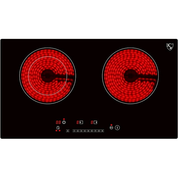 K&H German Designed 2 Burner Dual 24 Inch Built-in Electric Stove Top Radiant Ceramic Kitchen Cooktop Sensor Control 240V 3400W HCC-3402