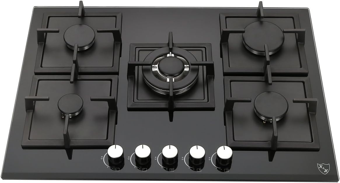 K&H 5 Burner 30 Inch Built-in LPG/Propane Gas Stove Top Glass Surface Cast Iron Cooktop UL/ETL Certified 5-GCW-LPG