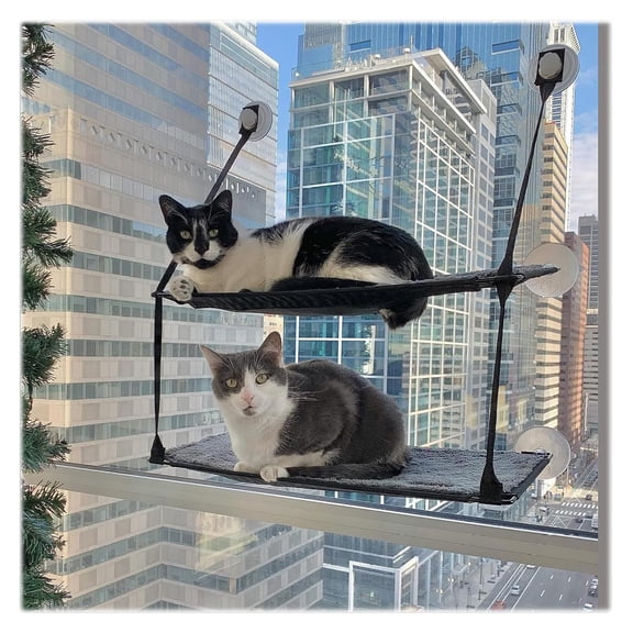 K&H Cat Window Perch Sill, Double Stack Kitty Sill for Large Cats, Gray, Suction Cup Mount with Folding Design, 23x12in Fleece Bed for Indoor Sunbathing and Watching