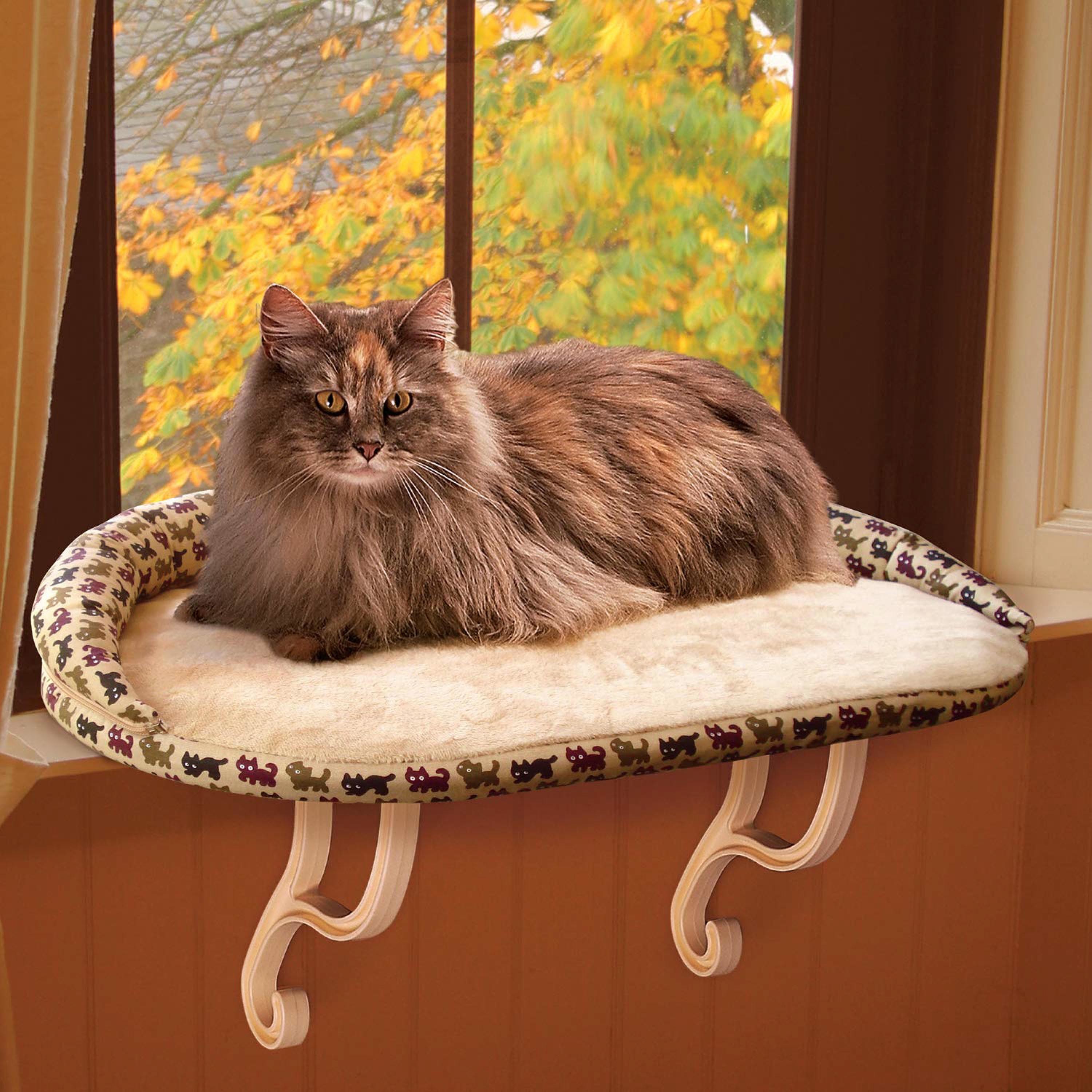 K&H Pet Products Deluxe Kitty Sill with Removable Bolster Tan/Kitty Print 14 X 24 Inches - image 1 of 10