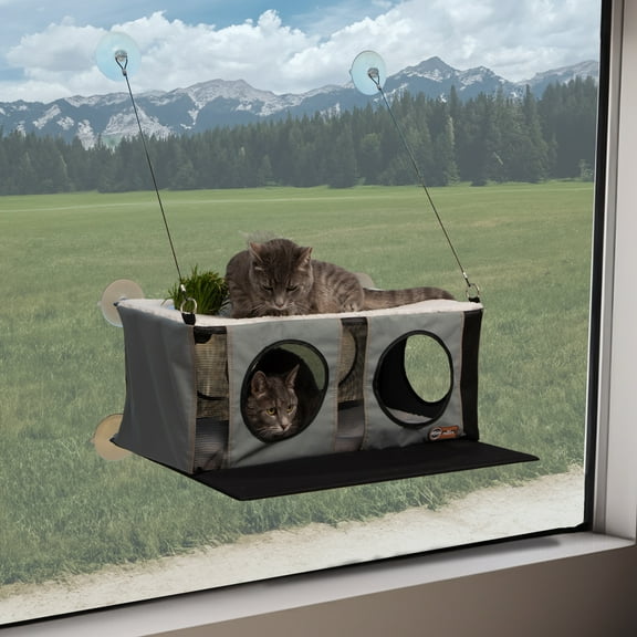 K&H Pet Products EZ Mount Penthouse Cat Window Perch with Cat Grass Grow Station Gray/Black 23 X 19 X 9.5 Inches