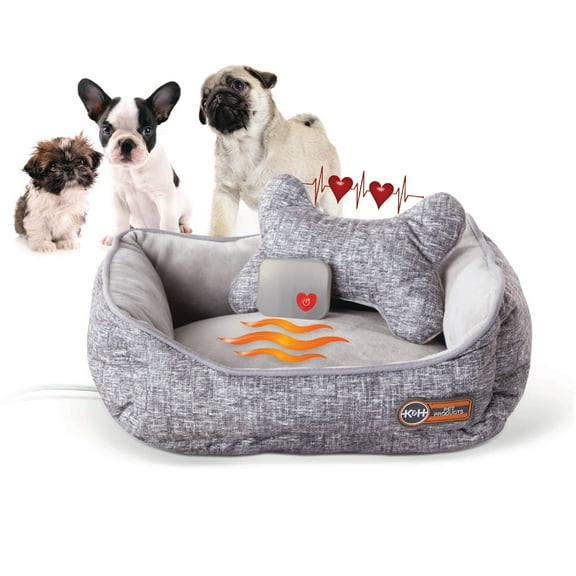K&H Pet Products Mother’s Heartbeat Heated Puppy Bed Heated Bed + Bone Pillow Gray Small Breed Heartbeat 11 X 13 Inches