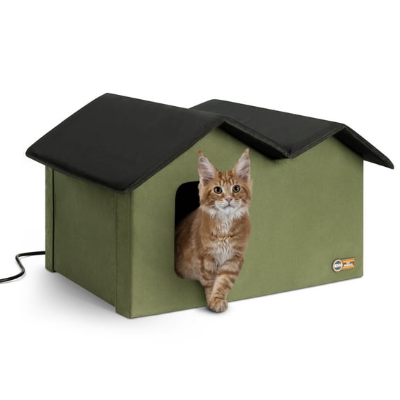 K&H Pet Products Outdoor Heated Kitty House Extra Wide Olive/Black 26.5 X 21.5 X 15.5 Inches
