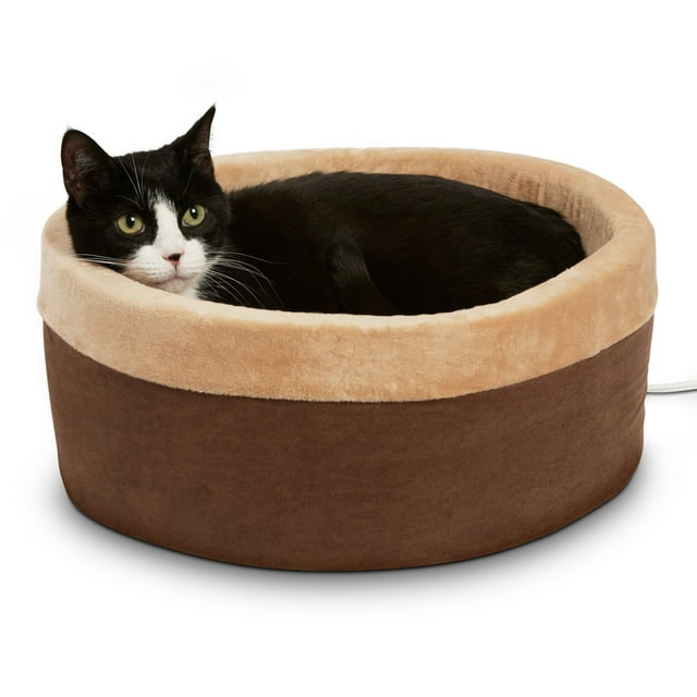 K&H Pet Products Thermo-Kitty Bed Indoor Heated Cat Bed Mocha/Tan Small 16 Inches