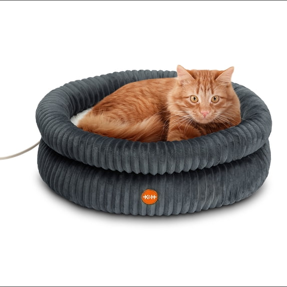 K&H Pet Products Thermo Pet Cuddler Indoor Heated Donut Cat Bed Gray 22 X 7 Inches