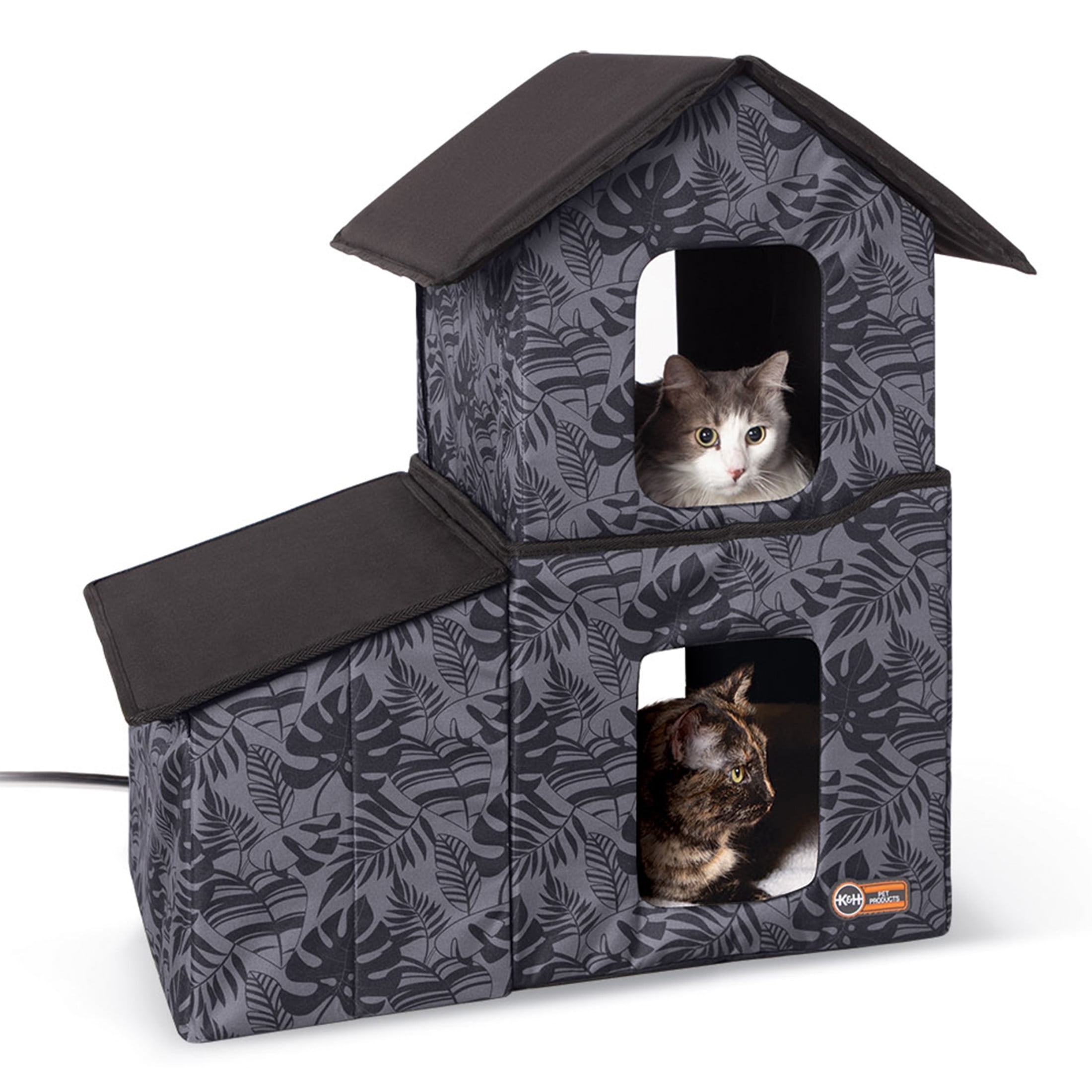 K&H Pet Products Two-Story Outdoor Kitty House with Dining Room Heated Gray Leaf 27 X 22 X 27