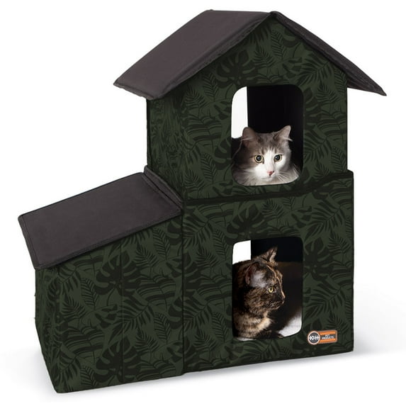 K&H Pet Products Two-Story Outdoor Kitty House with Dining Room Unheated Green Leaf 22 X 27 X 27 Inches