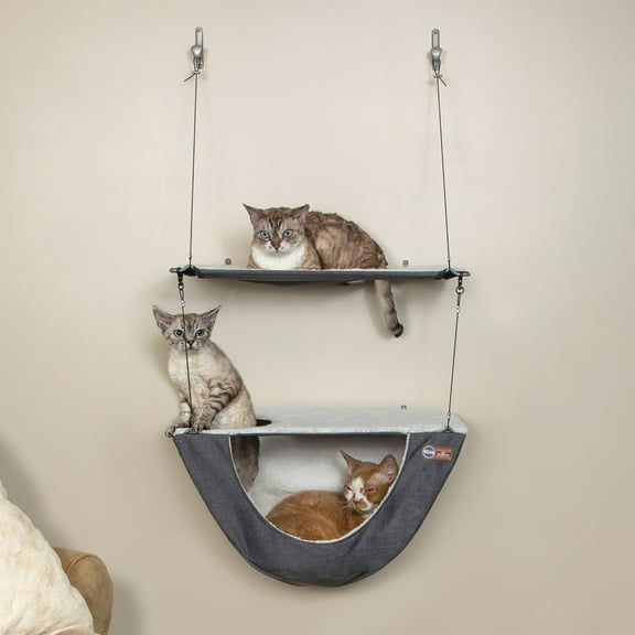 K&H Pet Products Wall Mount Cat Shelf & Cat Hammock, Double Shelf Gray/Natural, 23" x 12"