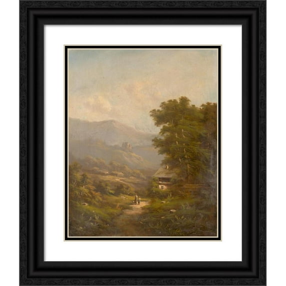 K. Hermann 15x18 Black Ornate Wood Framed Double Matted Museum Art Print Titled - Landscape with a Mountain Road and Castle Ruins (1830-1850)