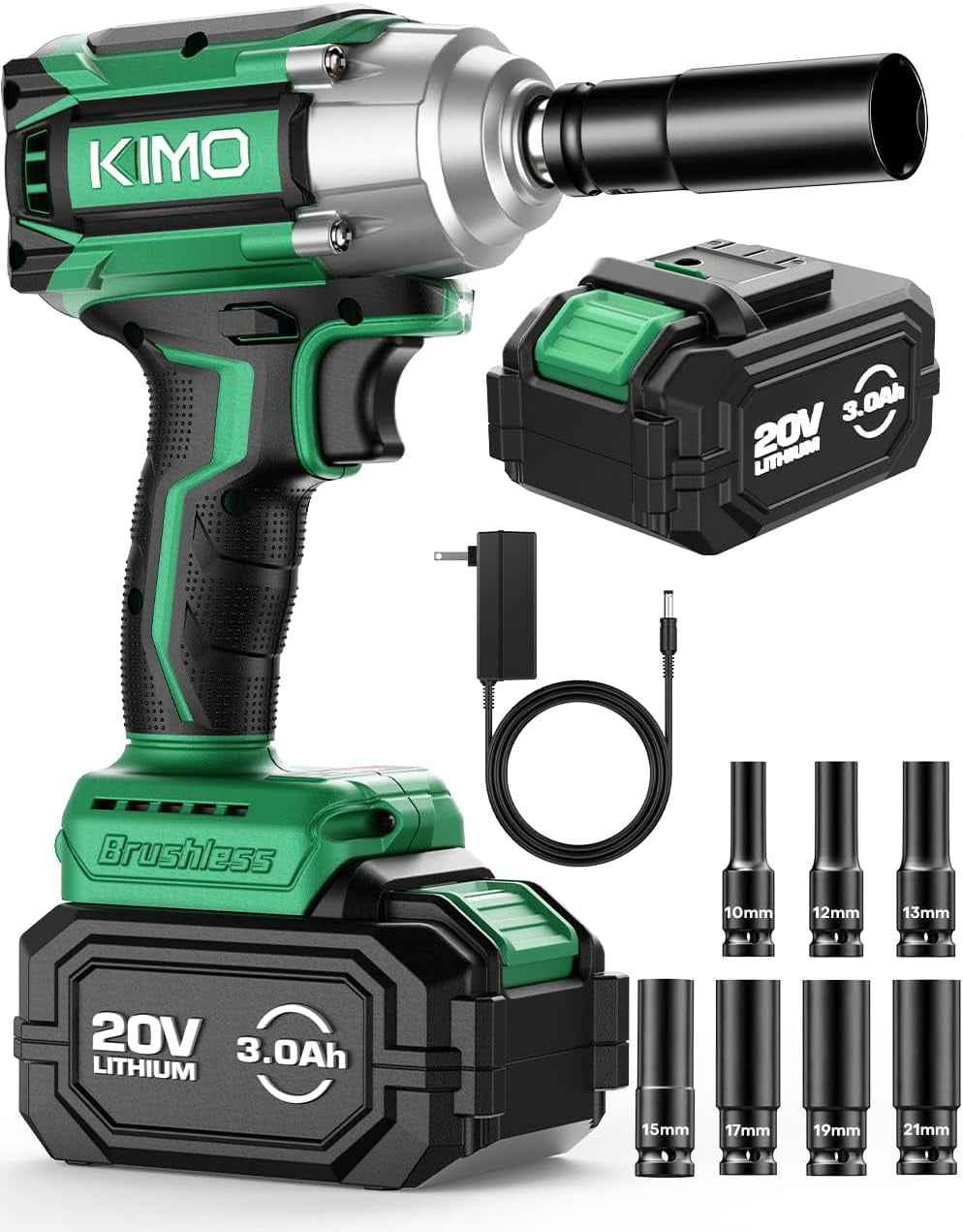 K I M O. Cordless Impact Wrench, Max Torque 406ft-lbs (550N.m) & 3000RPM,Premium Brake Stop, 1/2 lmpact Gun with 3000mAh Li-ion Battery, 7Drive lmpact Sockets, Fast Charger Impact Drill for Car Tires