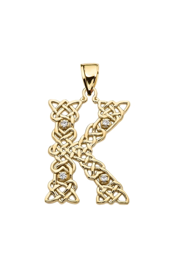 K" INITIAL IN CELTIC KNOT PATTERN YELLOW GOLD PENDANT NECKLACE WITH DIAMOND : 14K Pendant with 22" chain
