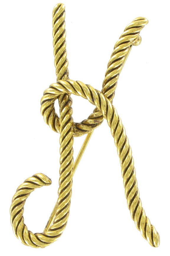 "K" Initial Pin Brooch Large Script Gold Tone Rope Ladies Adult Female Women