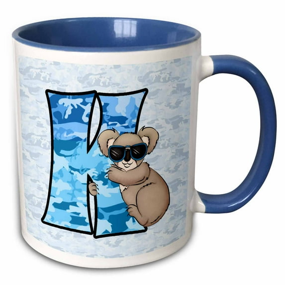 3drose, K Is for Koala in Blue for Boys Baby and Kids Monogram K in Camouflage Prints, 15oz Two-tone Blue Mug
