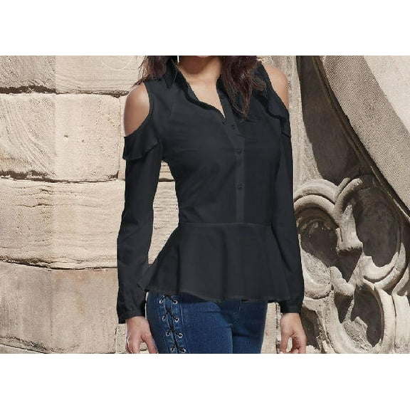 K.Jordan Women's Cold Shoulder Ruffle Shirt In Black - 30W
