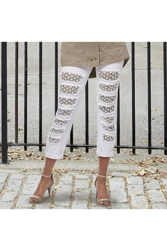 Women's Crochet Patch Boyfriend Jean in White - 4