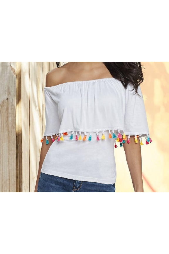 Women's Off Shoulder Top With Tassel Trim in White - 3X