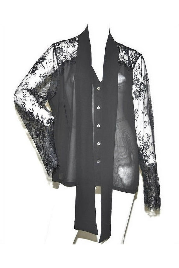 Women's Tie Front Blouse with Lace Sleeves in Black - 22W