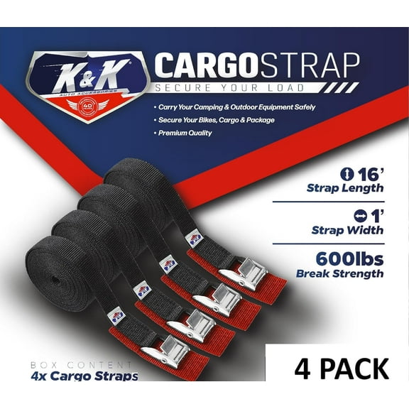 K&K 1" x 16' Lashing Cargo Straps with Buckles - 4 Pack 600 lbs Break Strength 1 Inch x 16 feet Adjustable Tie-Down Straps for Travel Moving Camping Outdoor to Secure Cargo Bike Kayak Package