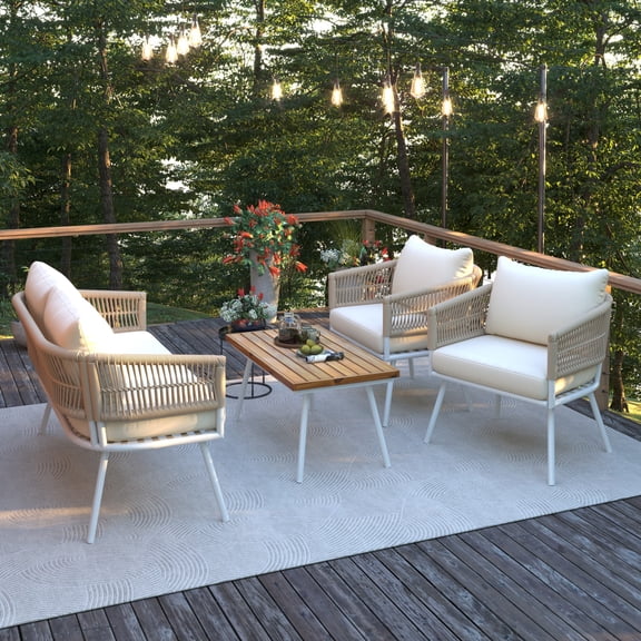 K&K 4-Piece Boho Rope Patio Furniture Set, Outdoor Furniture with Acacia Wood Table, Patio Conversation Set  with Deep Seating & Thick Cushion for Backyard Porch Balcony, Grey
