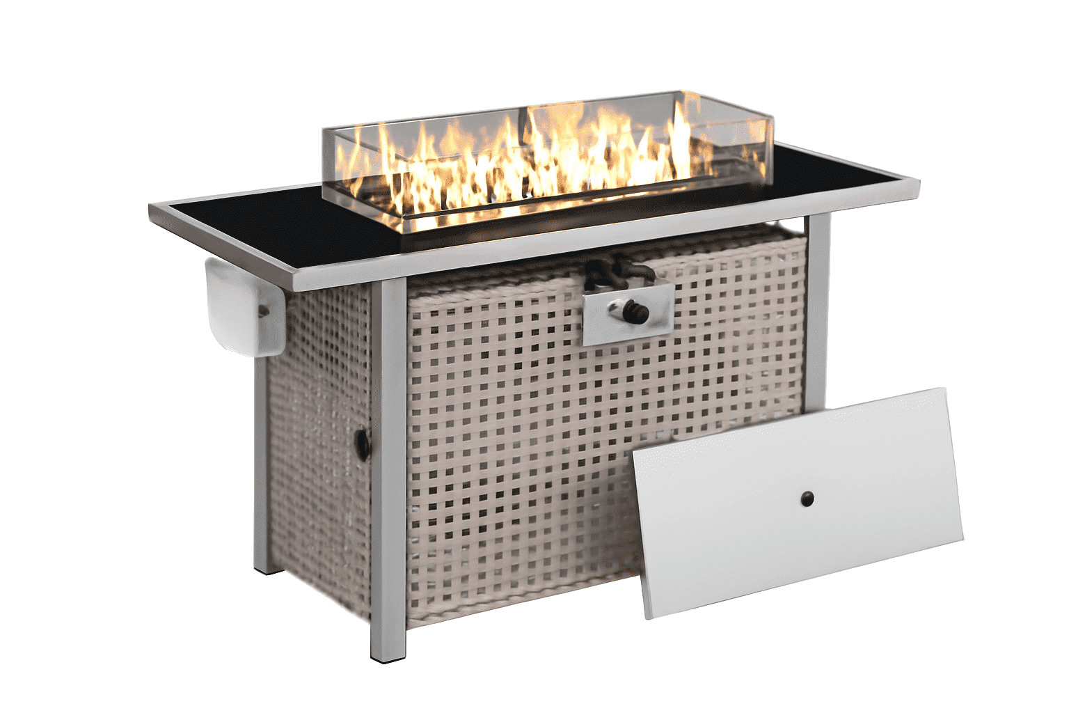 K&K 43" Propane Gas Fire Pit Table, 60000 BTU Rectangular Open Weave Wicker Fire Pit with Glass Wind Guard for Outside Patio Deck Garden Backyard - Grey