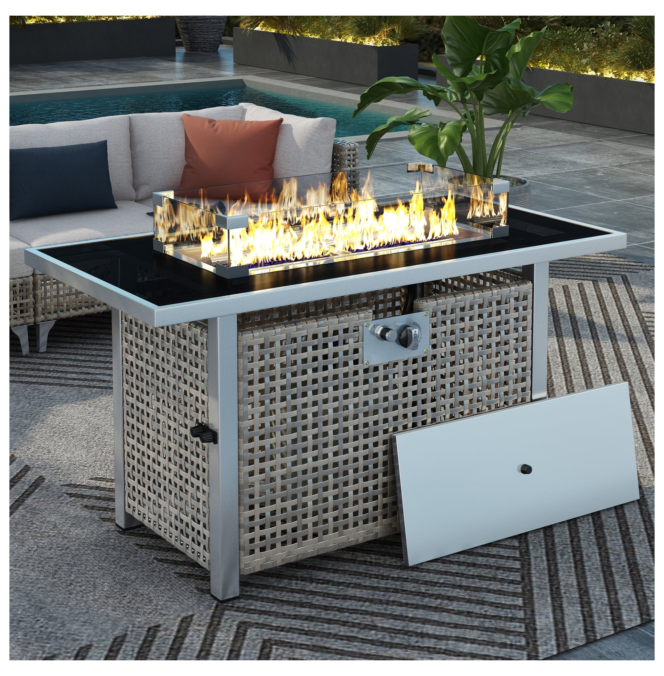K&K 43" Propane Gas Table, 60000 BTU Rectangular Open Weave Wicker with Glass Wind Guard for Outside Patio