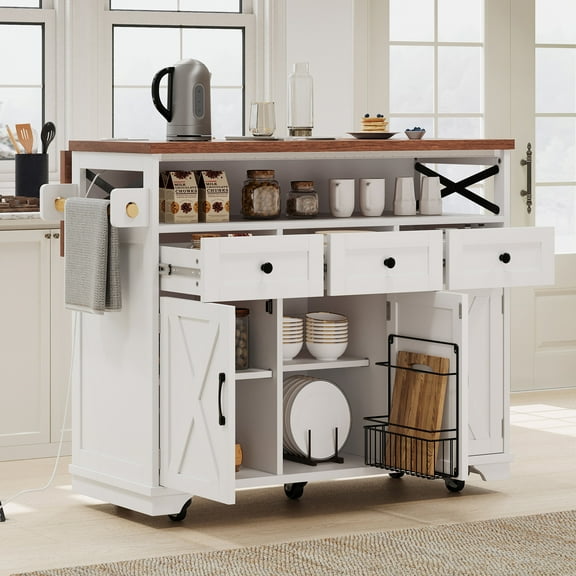 K&K 46.5'' Farmhouse Kitchen Island with Drape of Beads, Power Outlet, Rolling Kitchen Cart on Wheels with Drop Leaf, 3 Doors , 3 Drawers and Internal Iron Shelf, for Kitchen, Dining Room, White
