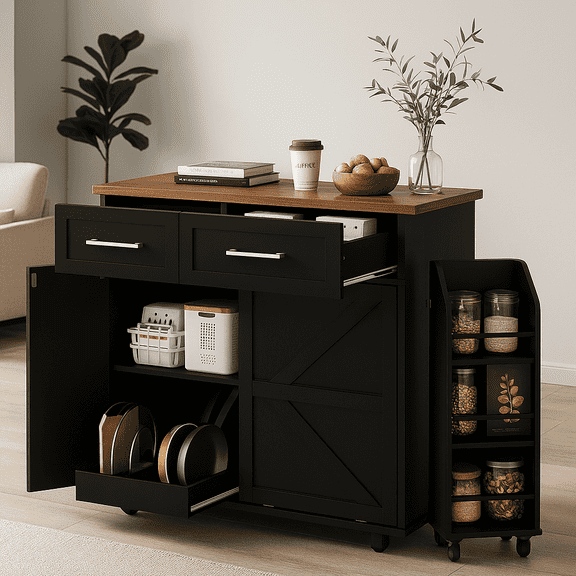 K&K 47.2" Farmhouse Kitchen Island with Drop Leaf, Kitchen Storage Island with Removable Side Racks, Two Drawers, Rolling Kitchen Cart on Wheels with Towel Rack, for Home, Kitchen, Dining Room, Black