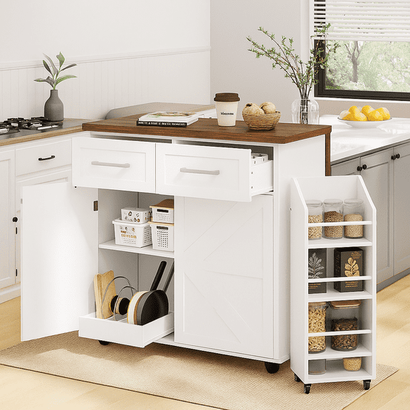 K&K 47.2" Farmhouse Kitchen Island with Drop Leaf, Kitchen Storage Island with Removable Side Racks, Two Drawers, Rolling Kitchen Cart on Wheels with Towel Rack, for Home, Kitchen, Dining Room, White