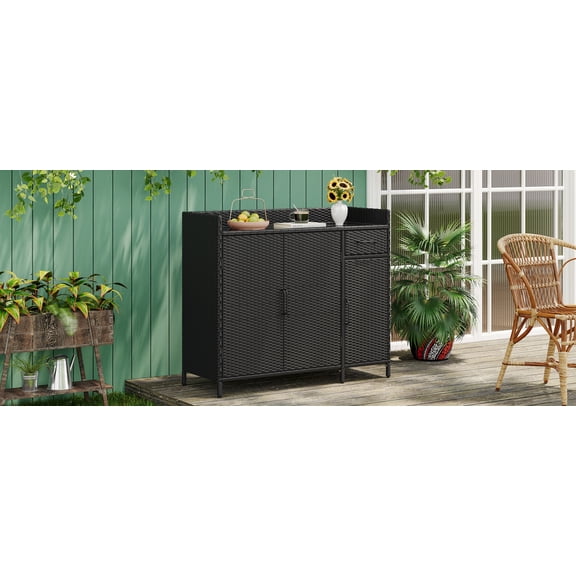 K&K 47.5"W Wicker Outdoor Storage Cabinet with Tempered Glass Desktop, Weather-proof Rattan Bar Table with Three Doors, Adjustable Shelf, and One Drawer, for Outdoor Cushions, Pool Toys , Black Brown