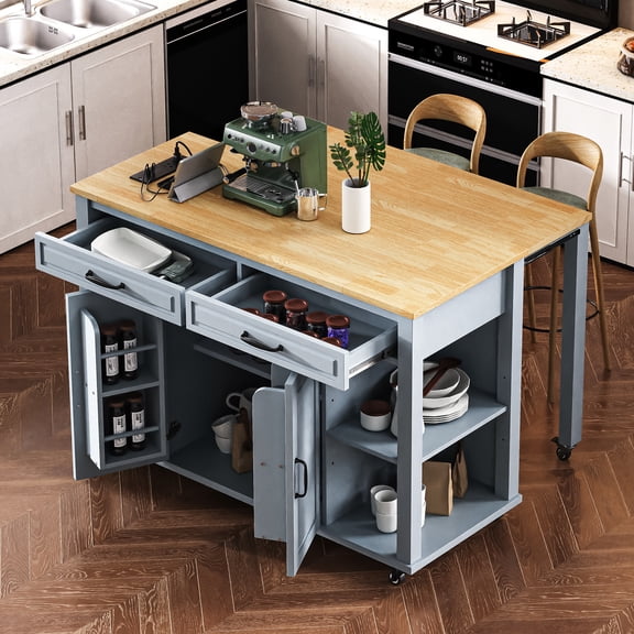 K&K 47 inch Kitchen Island with Extendable Dining Table, Rubber Wood Veneer Kitchen Table with Internal Storage Rack, Power Outlet, Kitchen island with Storage 2 Drawers 2 Cabinet,Grey Blu