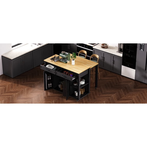 K&K 47 inch Kitchen Island with Extendable Dining Table, Rubber Wood Veneer Kitchen Table with Internal Storage Rack, Power Outlet, Kitchen island with Storage 2 Drawers 2 Cabinet,