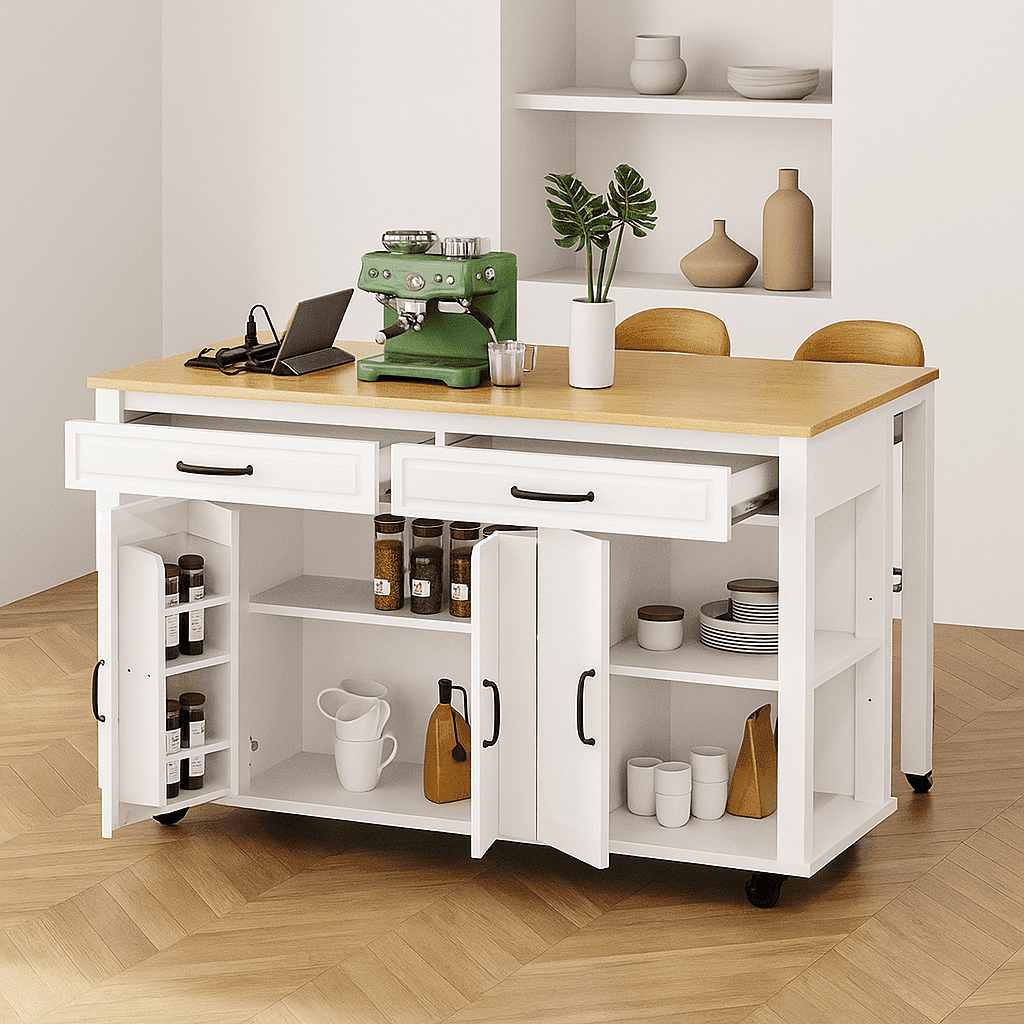 K&K 47 inch Kitchen Island with Extendable Dining Table, Rubber Wood ...