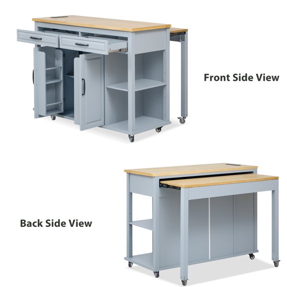 K&K 47 inch Kitchen Island with Extendable Dining Table, Gray / Blue
