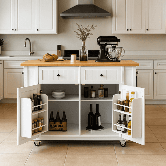 K&K 48inch Large Kitchen Island with 2 Bar Stools, Power Outlet, Door Internal Storage Rack, Kitchen Storage Cart on 5 Wheels with Drop Leaf, 5 Open Side Racks, 2 Drawers,for Kitchen,Dining Room