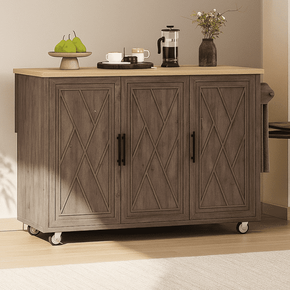 K&K 51.2"W Geometric Twill Stripe Textured Design Kitchen Island with Drop Leaf, Farmhouse Kitchen Island on Wheels with Internal Storage Rack, Rolling Kitchen Cart with Towel Rack for Kitchen, Brown