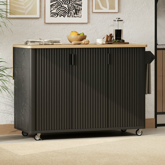 K&K 51" Fluted Kitchen Island with Drop Leaf, Farmhouse Accent Kitchen Island on Wheels with Internal Storage Rack, Rolling Kitchen Cart with Towel Rack for Kitchen, Dining Room, Black Ash