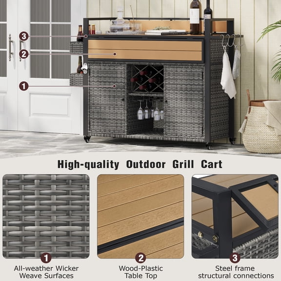 K&K 52.8"W Wicker Outdoor Grill Cart with Extended Plastic Wood Table Top, Rolling Kitchen Island on Wheels with Storage Cabinet, for Patio Backyard Garden Poolside, Double Handle Design, Grey