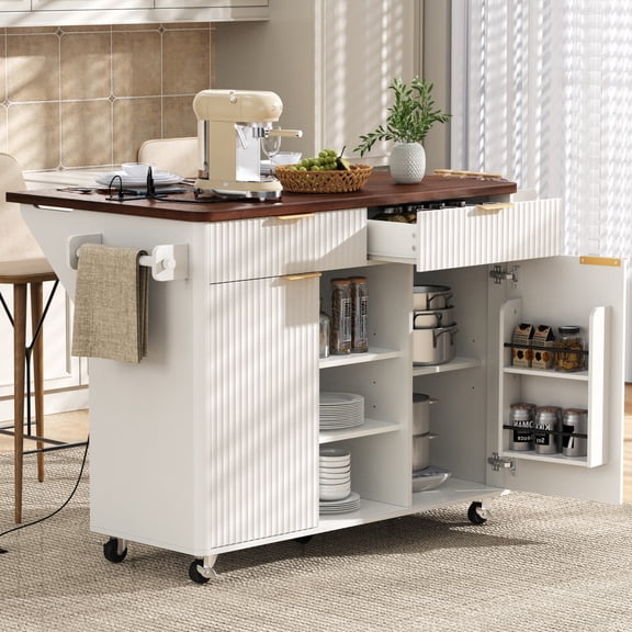 K&K 52" Fluted Kitchen Island with Drop Leaf, Power Outlet, Kitchen Storage Cart with Adjustable Shelves, 2 Doors and 2 Drawers, Rolling Island Table with Walnut Color Top for Kitchen, White WL